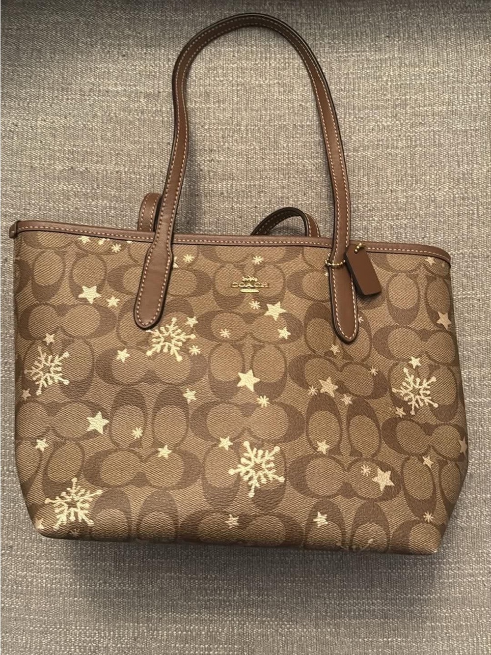 Coach Brown Signature Tote with Snowflake & Star Accents
